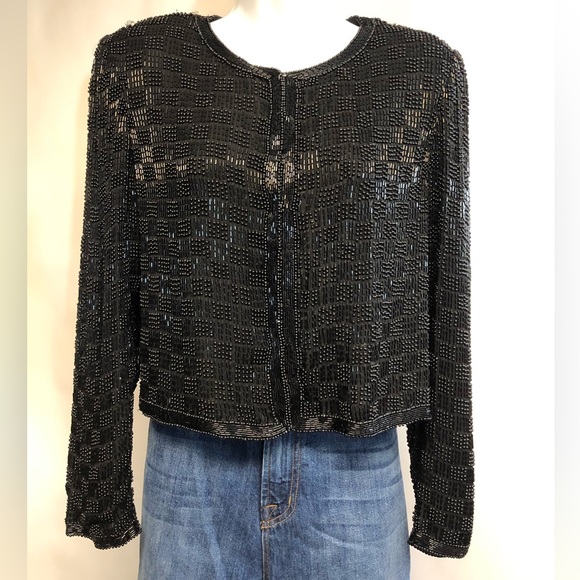 Women’s Vintage SCALA Black Bolero Silk Sequin Jacket Size S - Picture 1 of 11
